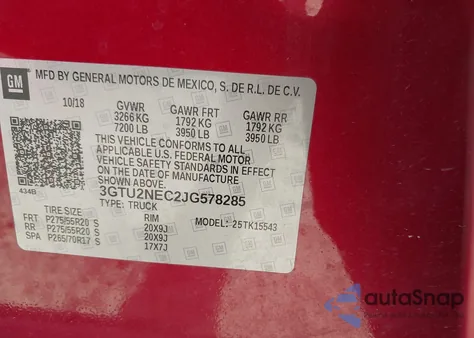 2018 GMC Sierra 1500 Slt из США, поврежденный, VIN 3GTU2NEC2JG578285